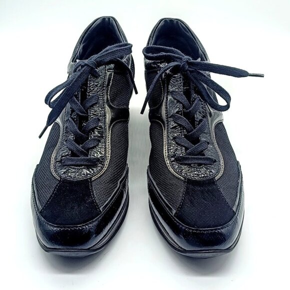 Tod's Black Italian Suede Leather Mesh Wedge Sneakers - Picture 1 of 8